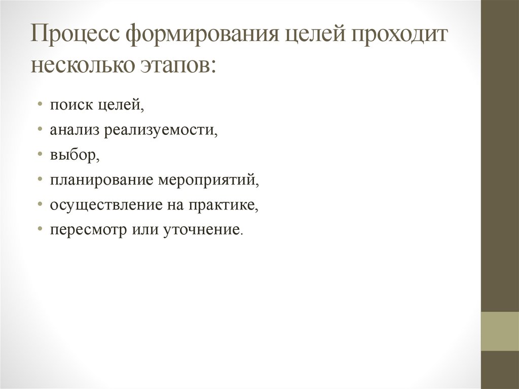 Процесс формирования целей проходит несколько этапов: