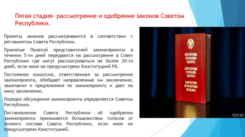 Пятая стадия- рассмотрение и одобрение законов Советом Республики.