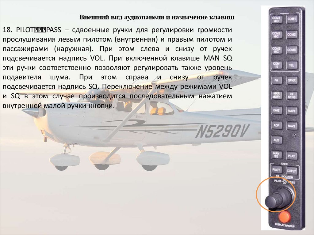 Внешний вид аудиопанели и назначение клавиш