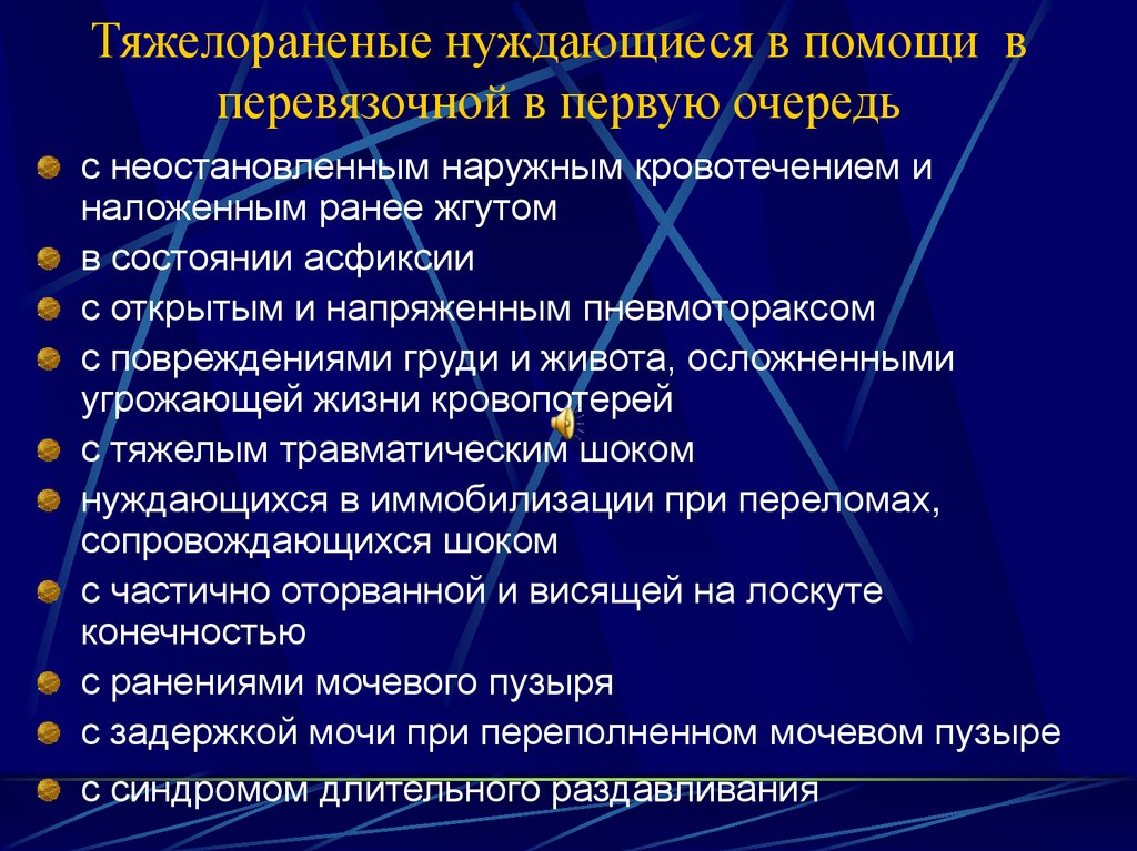 Тяжелораненые нуждающиеся в помощи в перевязочной в первую очередь
