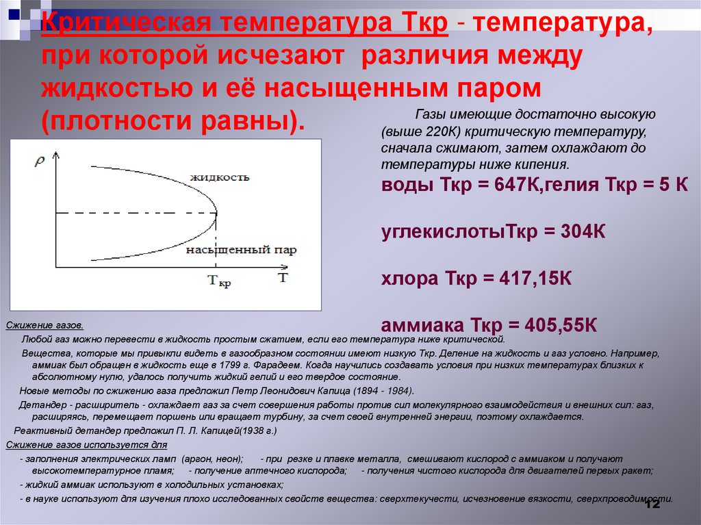 Критическая температура Ткр - температура, при которой исчезают различия между жидкостью и её насыщенным паром (плотности