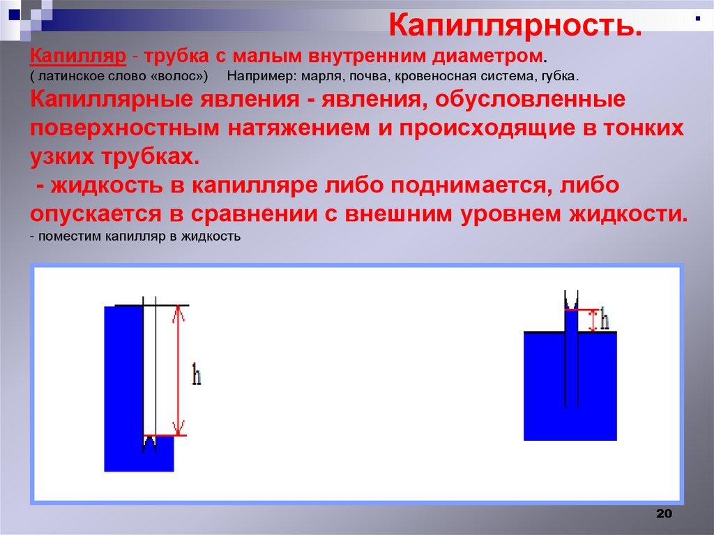 Капиллярность. Капилляр - трубка с малым внутренним диаметром. ( латинское слово «волос») Например: марля, почва, кровеносная