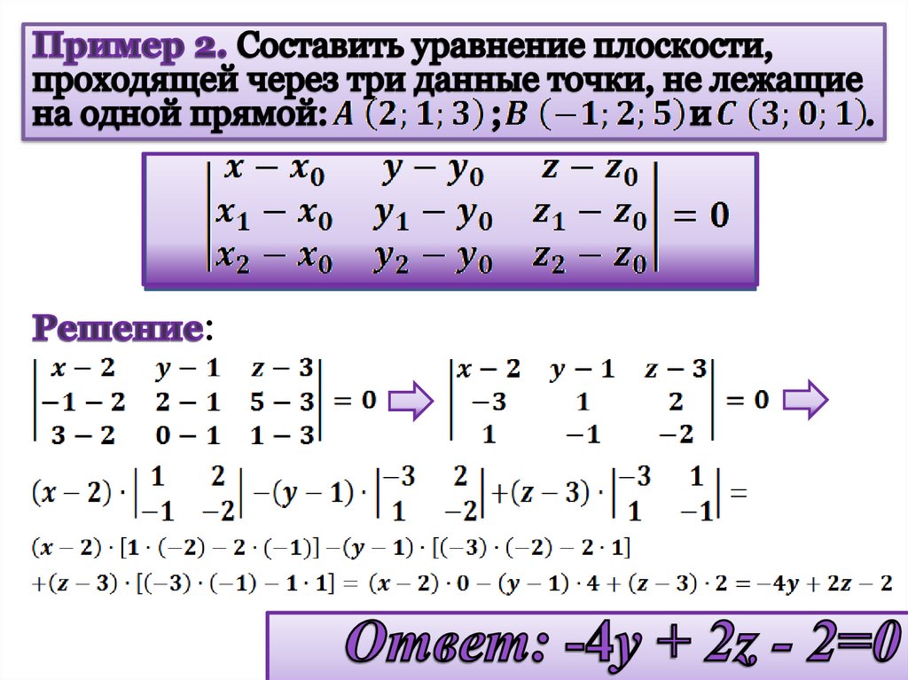 Пример 2. Составить уравнение плоскости, проходящей через три данные точки, не лежащие на одной прямой: ; и .