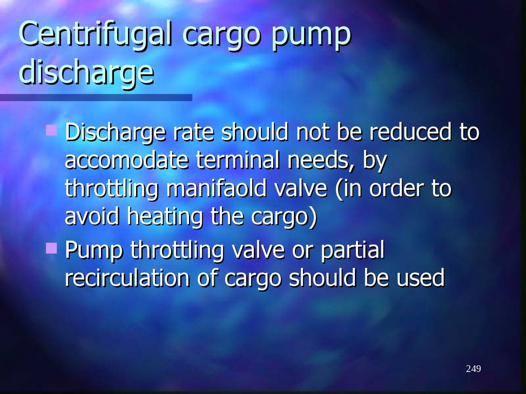 Centrifugal cargo pump discharge