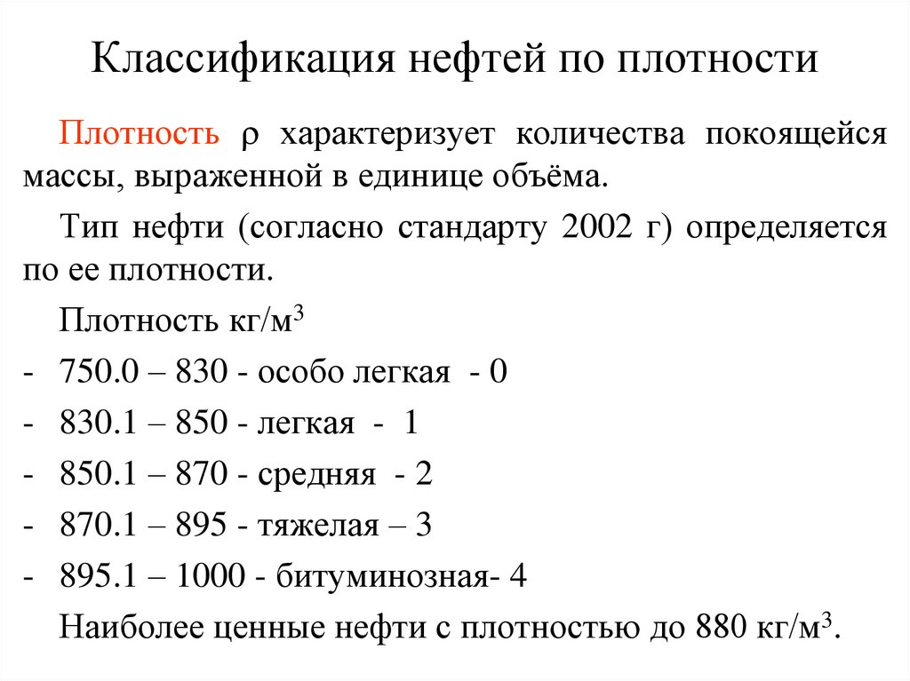 Классификация нефтей по плотности