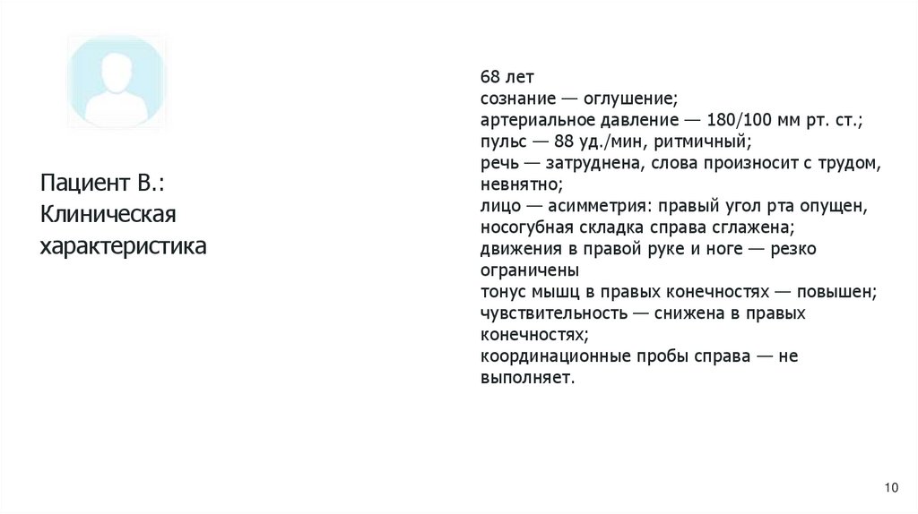 68 лет сознание — оглушение; артериальное давление — 180/100 мм рт. ст.; пульс — 88 уд./мин, ритмичный; речь — затруднена,