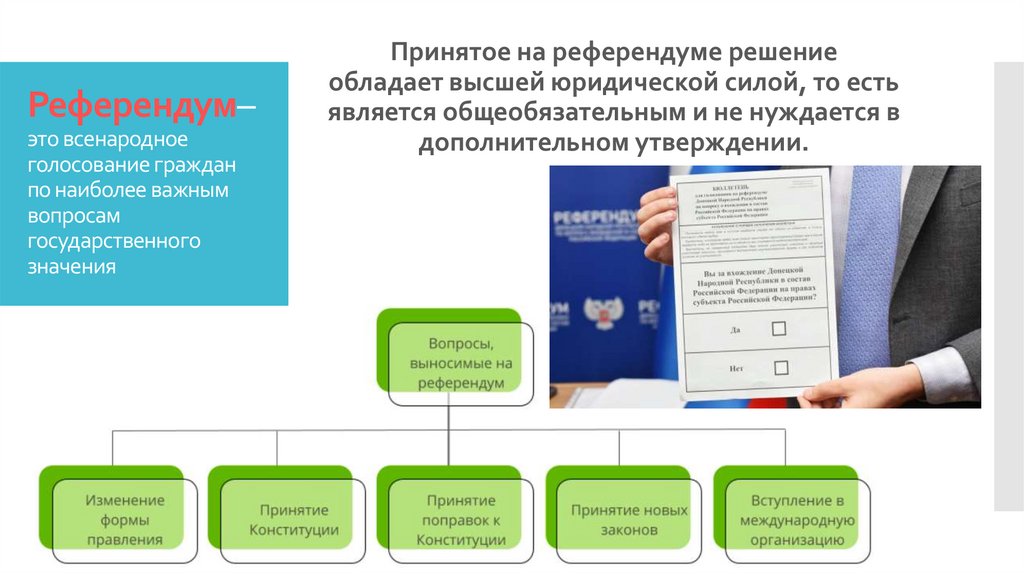 Референдум– это всенародное голосование граждан по наиболее важным вопросам государственного значения