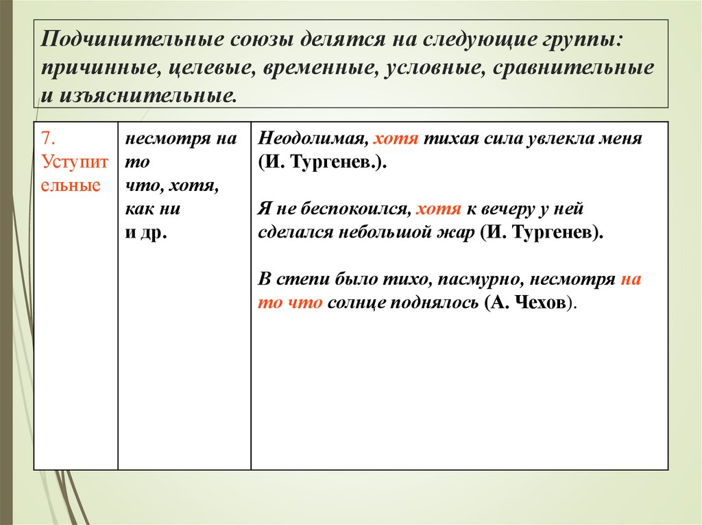 Подчинительные союзы делятся на следующие группы: причинные, целевые, временные, условные, сравнительные и изъяснительные.