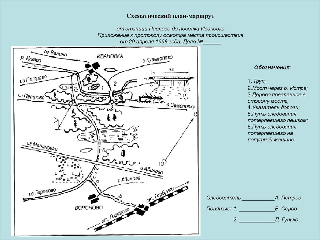 Схематический план-маршрут от станции Павлово до посёлка Ивановка Приложение к протоколу осмотра места происшествия от 29