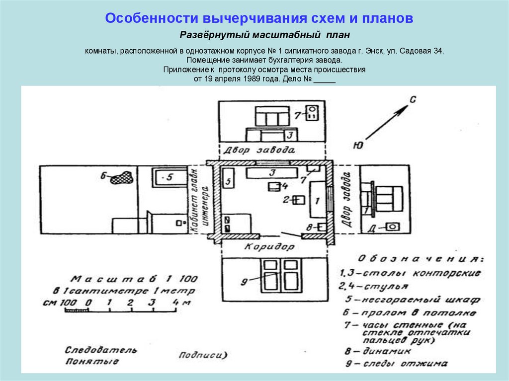 Развёрнутый масштабный план комнаты, расположенной в одноэтажном корпусе № 1 силикатного завода г. Энск, ул. Садовая 34.