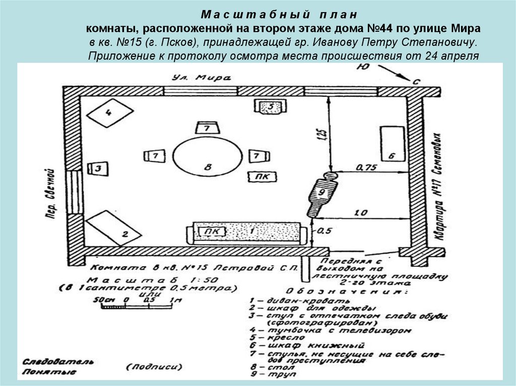 М а с ш т а б н ы й п л а н комнаты, расположенной на втором этаже дома №44 по улице Мира в кв. №15 (г. Псков), принадлежащей