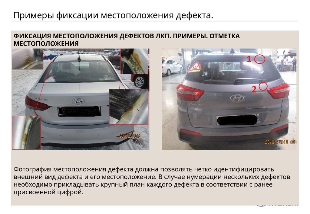 Примеры фиксации местоположения дефекта.