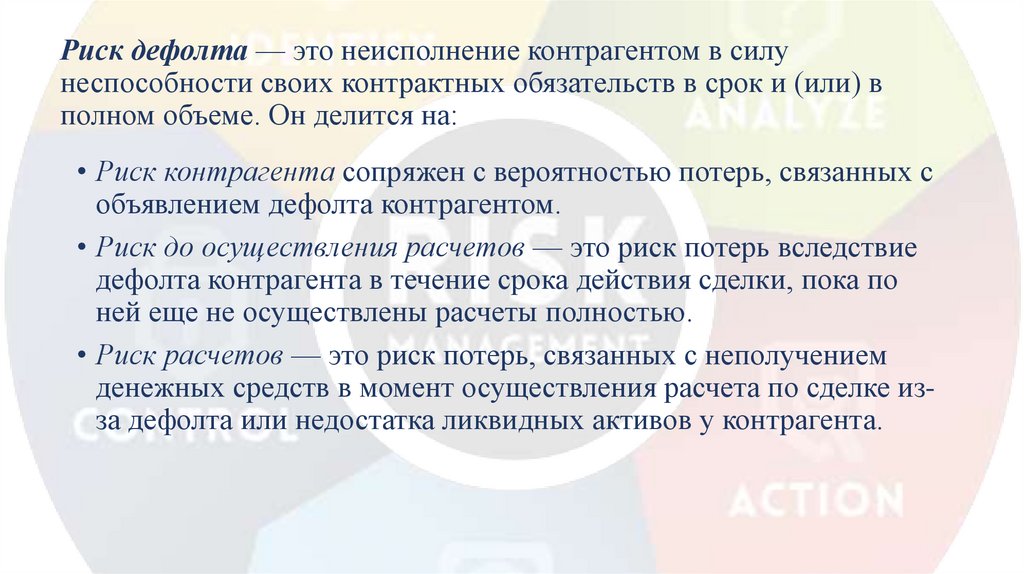 Риск дефолта — это неисполнение контрагентом в силу неспособности своих контрактных обязательств в срок и (или) в полном