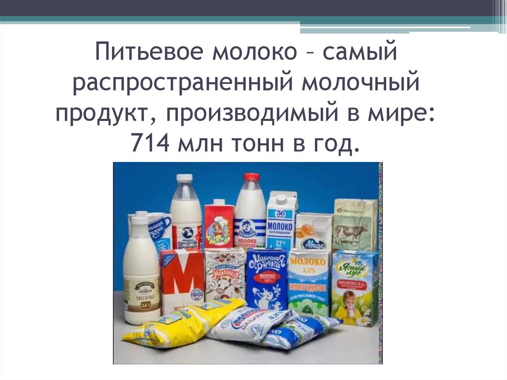 Питьевое молоко – самый распространенный молочный продукт, производимый в мире: 714 млн тонн в год. 