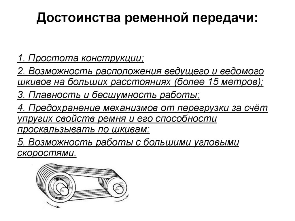 Достоинства ременной передачи: