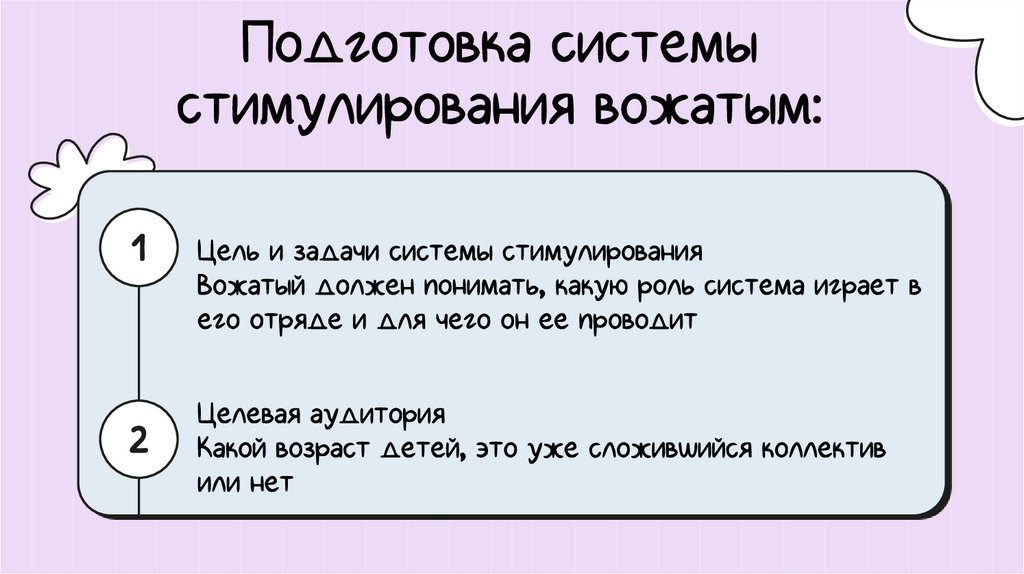 Подготовка системы стимулирования вожатым: