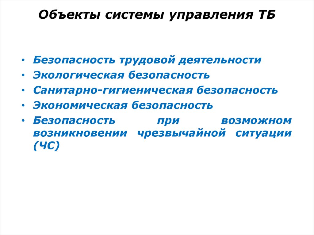 Объекты системы управления ТБ