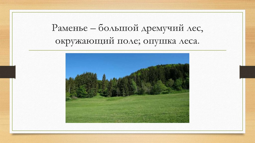 Раменье – большой дремучий лес, окружающий поле; опушка леса.