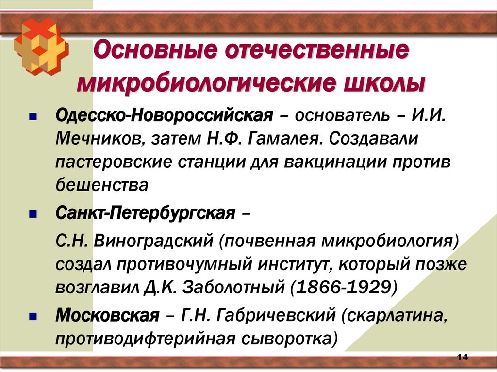 Основные отечественные микробиологические школы