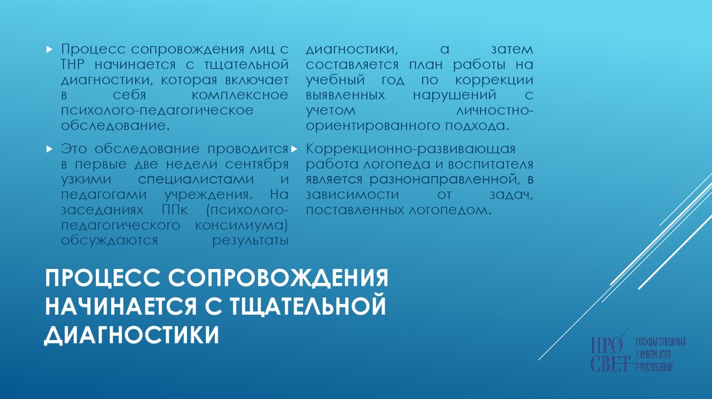 Процесс сопровождения начинается с тщательной диагностики