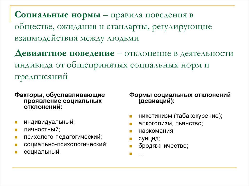 Социальные нормы – правила поведения в обществе, ожидания и стандарты, регулирующие взаимодействия между людьми Девиантное