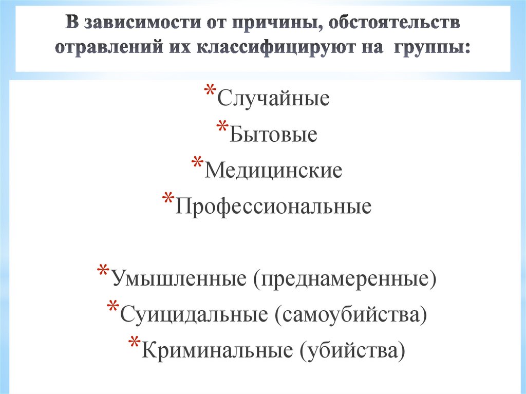 В зависимости от причины, обстоятельств отравлений их классифицируют на группы: