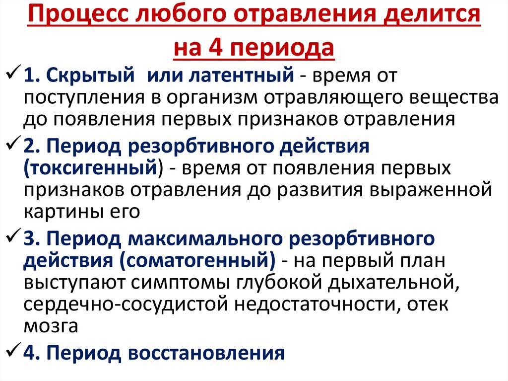 Процесс любого отравления делится на 4 периода