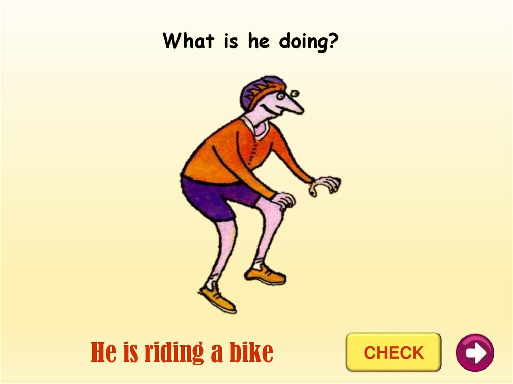 He is riding a bike