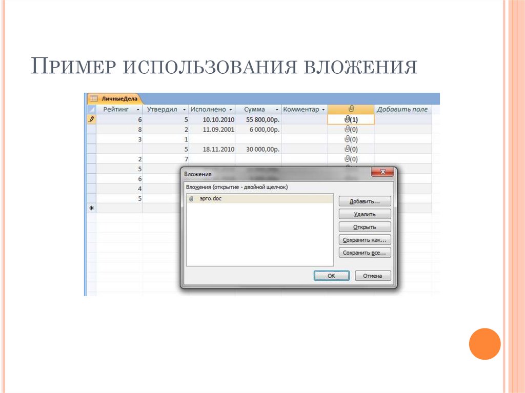 Пример использования вложения