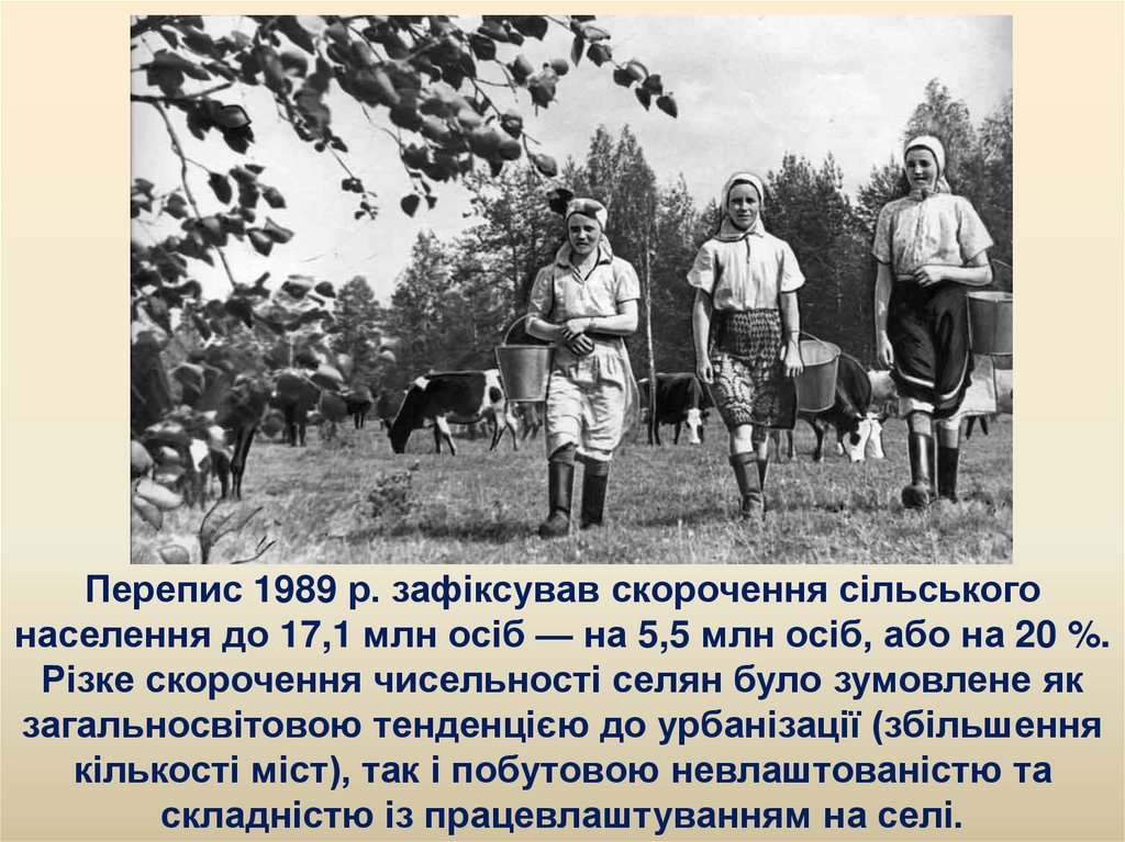 Перепис 1989 р. зафіксував скорочення сільського населення до 17,1 млн осіб — на 5,5 млн осіб, або на 20 %. Різке скорочення