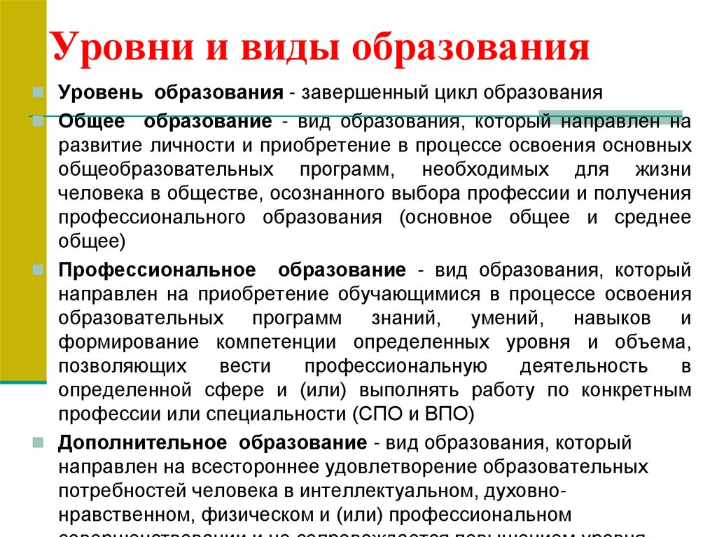 Уровни и виды образования