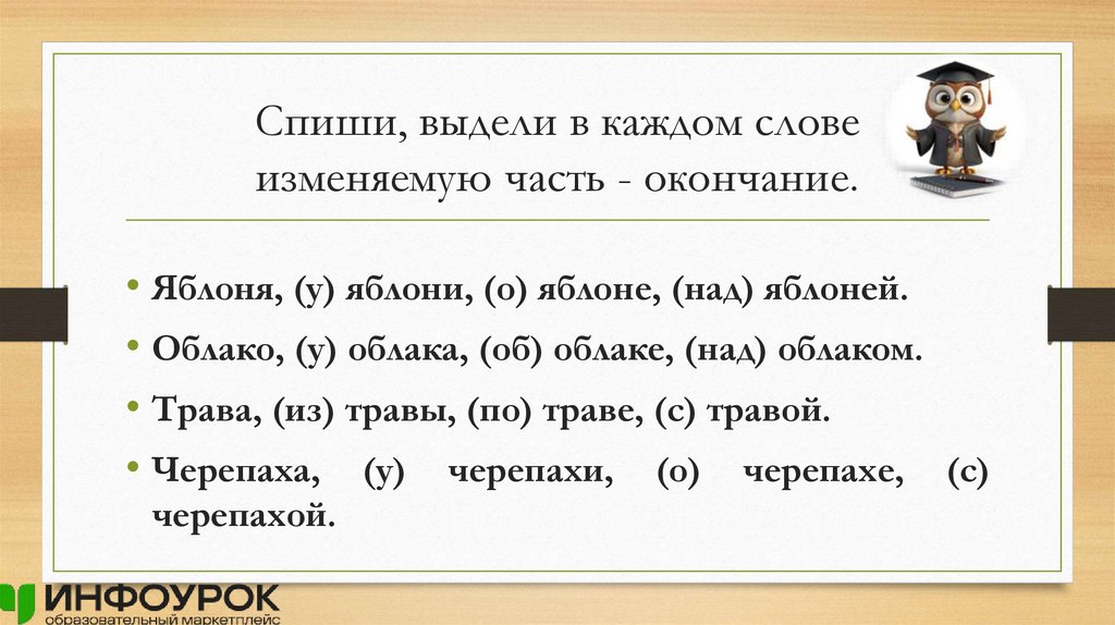 Спиши, выдели в каждом слове изменяемую часть - окончание.