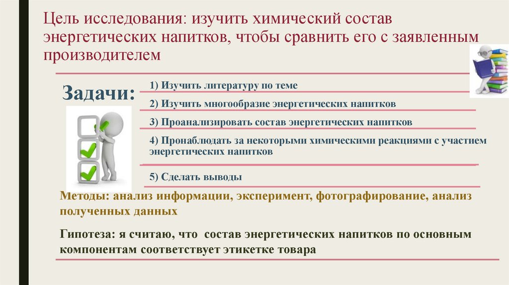 Цель исследования: изучить химический состав энергетических напитков, чтобы сравнить его с заявленным производителем