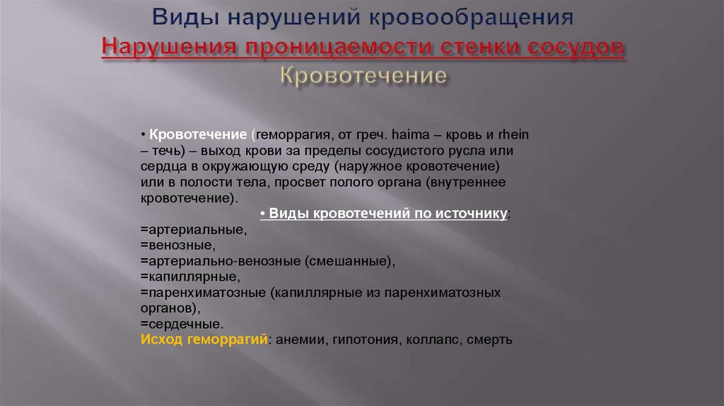 Виды нарушений кровообращения Нарушения проницаемости стенки сосудов Кровотечение