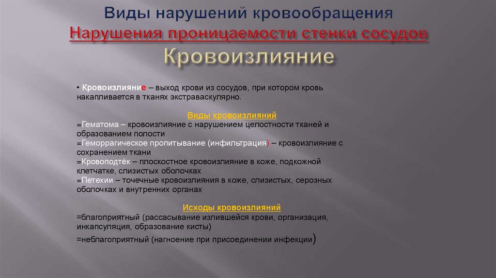 Виды нарушений кровообращения Нарушения проницаемости стенки сосудов Кровоизлияние