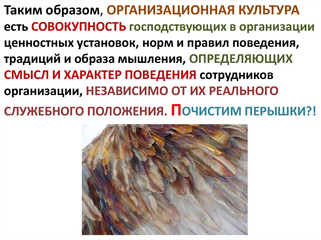 Таким образом, ОРГАНИЗАЦИОННАЯ КУЛЬТУРА есть СОВОКУПНОСТЬ господствующих в организации ценностных установок, норм и правил