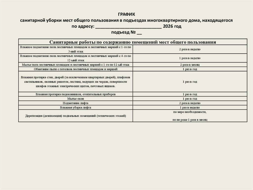 ГРАФИК санитарной уборки мест общего пользования в подъездах многоквартирного дома, находящегося по адресу: