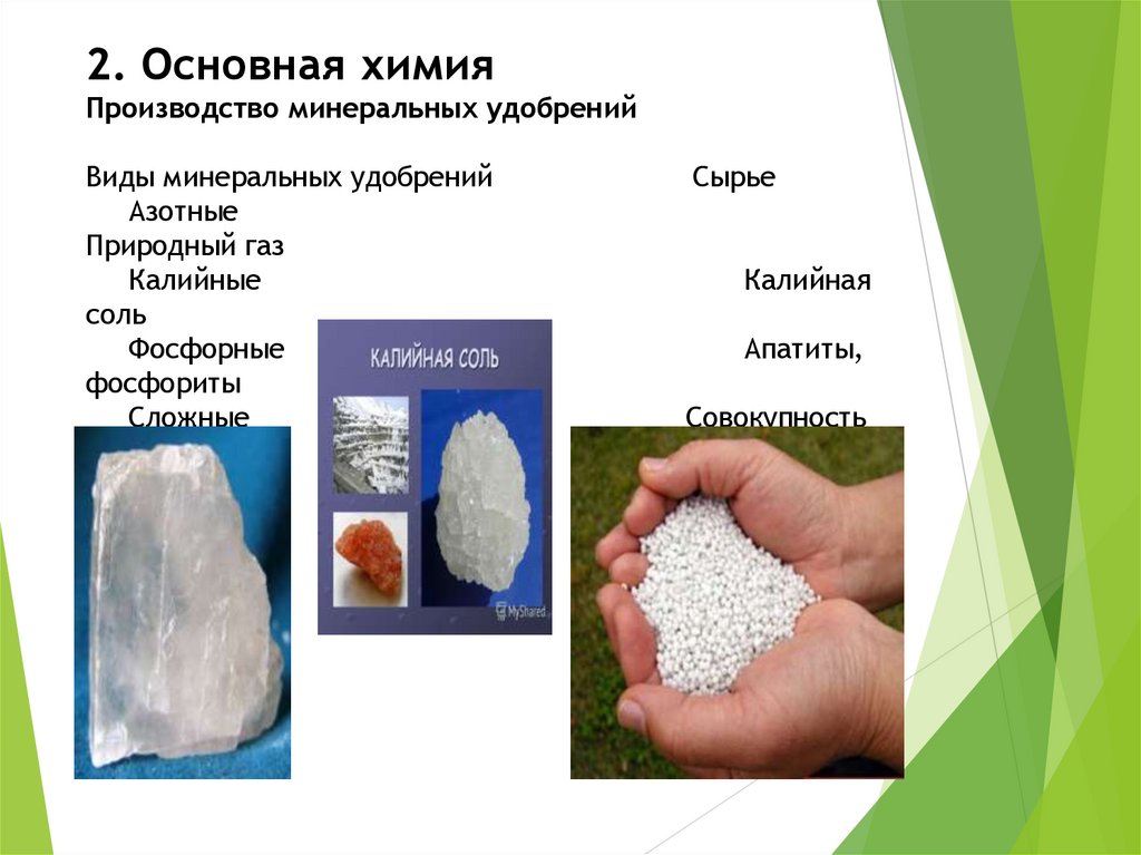 2. Основная химия Производство минеральных удобрений Виды минеральных удобрений Сырье Азотные Природный газ Калийные Калийная
