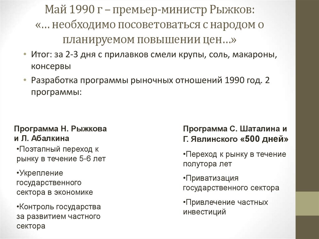 Май 1990 г – премьер-министр Рыжков: «… необходимо посоветоваться с народом о планируемом повышении цен…»
