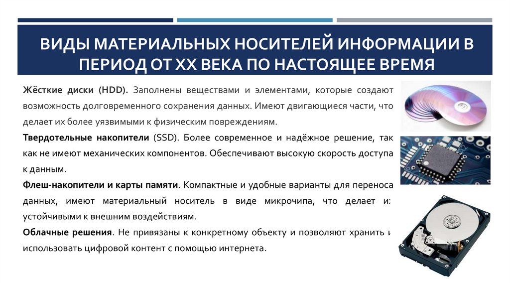 Виды материальных носителей информации в период от XX века по настоящее время