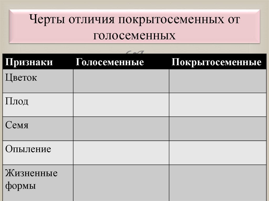 Черты отличия покрытосеменных от голосеменных