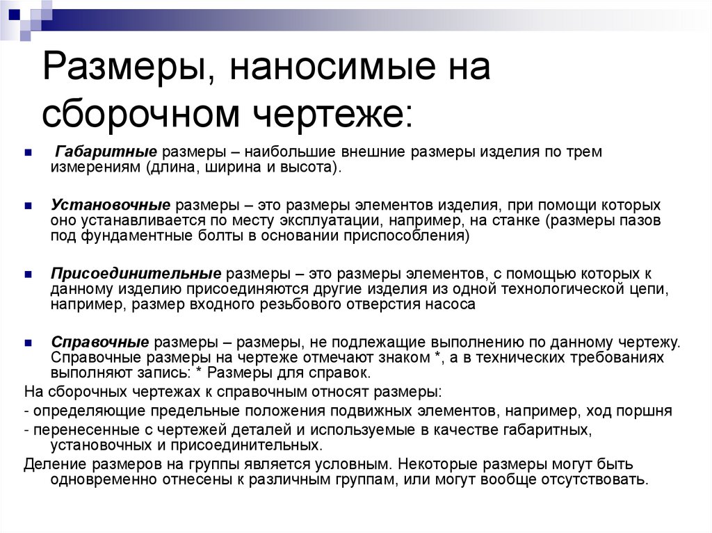 Размеры, наносимые на сборочном чертеже: