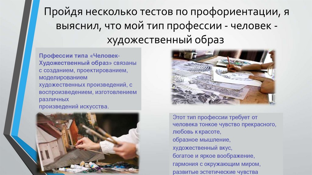 Пройдя несколько тестов по профориентации, я выяснил, что мой тип профессии - человек - художественный образ 