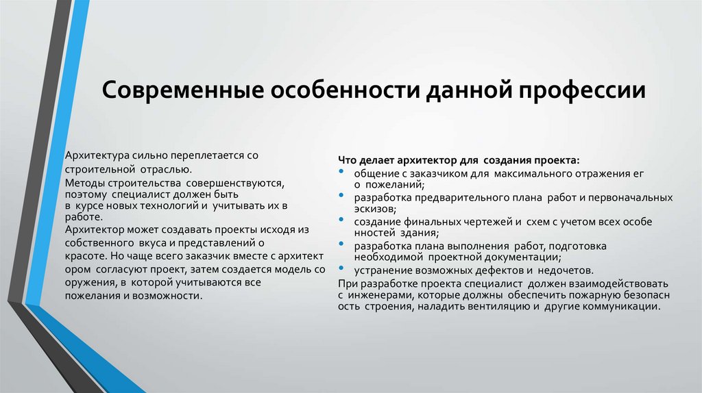 Современные особенности данной профессии