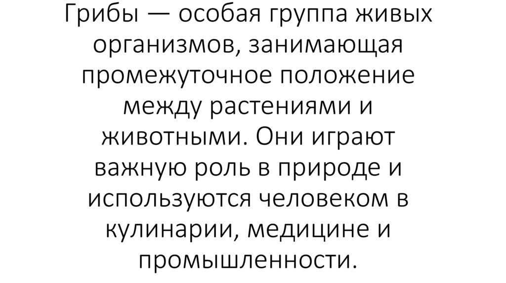 Грибы — особая группа живых организмов, занимающая промежуточное положение между растениями и животными. Они играют важную роль