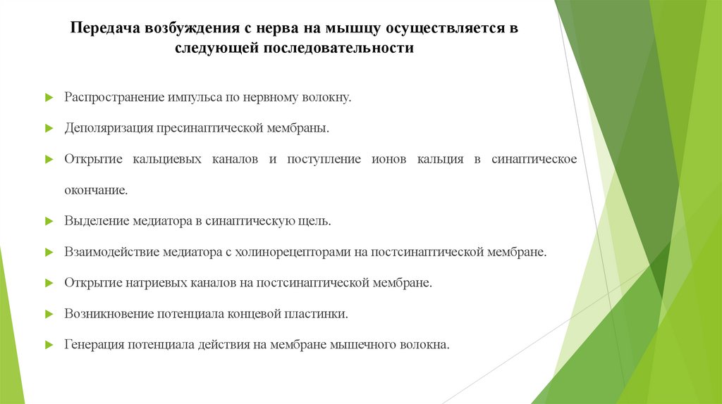 Передача возбуждения с нерва на мышцу осуществляется в следующей последовательности