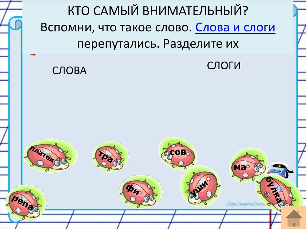 КТО САМЫЙ ВНИМАТЕЛЬНЫЙ? Вспомни, что такое слово. Слова и слоги перепутались. Разделите их