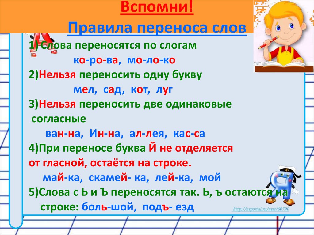 Вспомни! Правила переноса слов