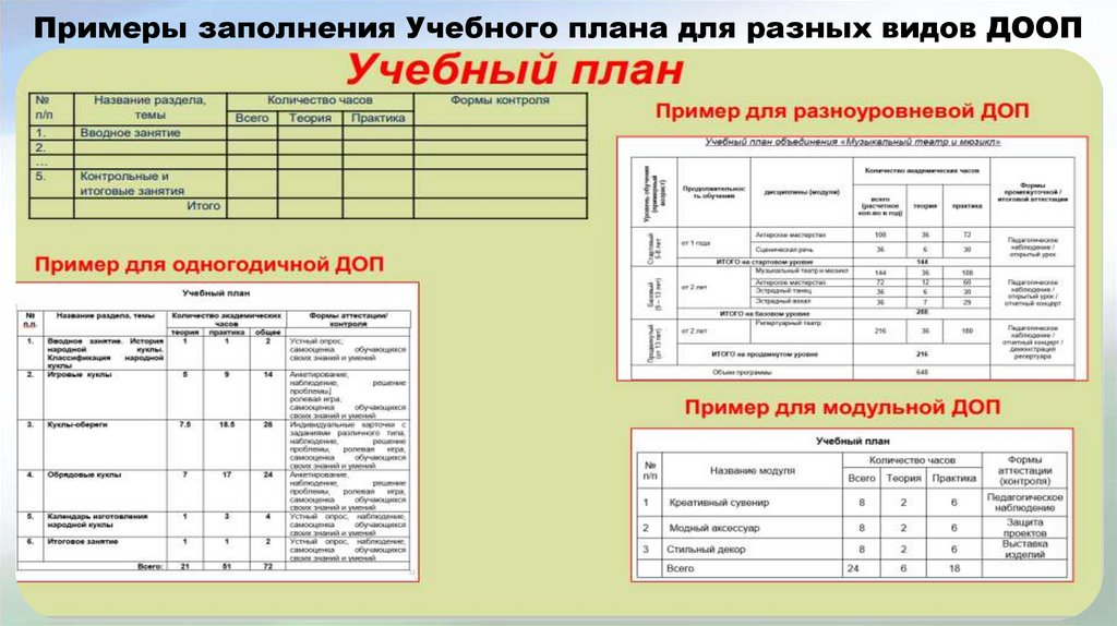 Примеры заполнения Учебного плана для разных видов ДООП