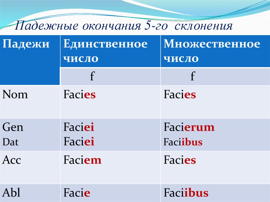 Падежные окончания 5-го склонения
